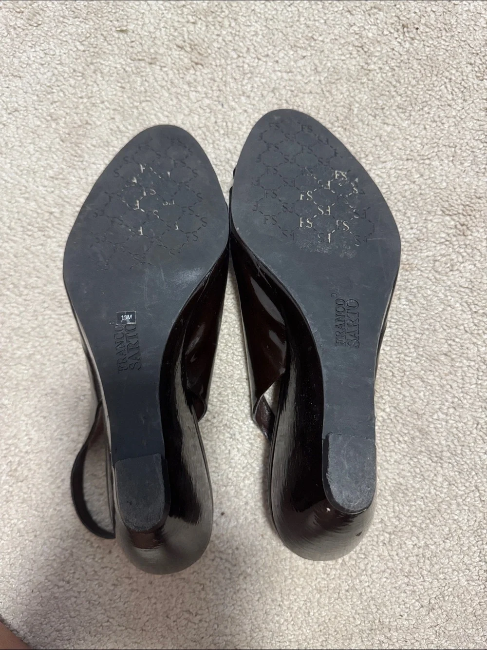 Franco Sarto Black Patent Leather Peep-Toe Slingback Wedges